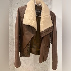 Badgley Mischka Genuine Leather Brown Moto Motorcycle Shearling Jacket